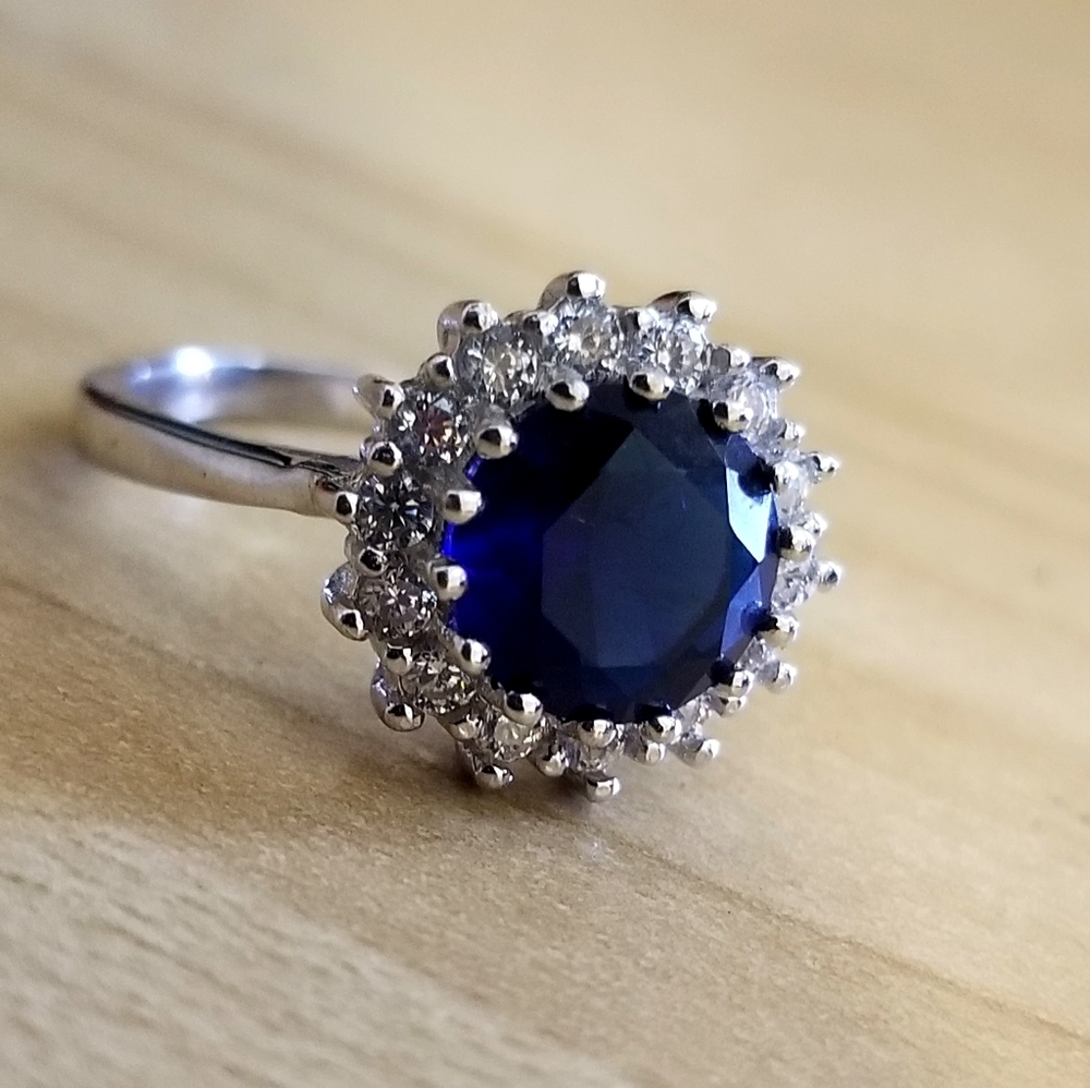 Sapphire and white topaz halo ring size 7